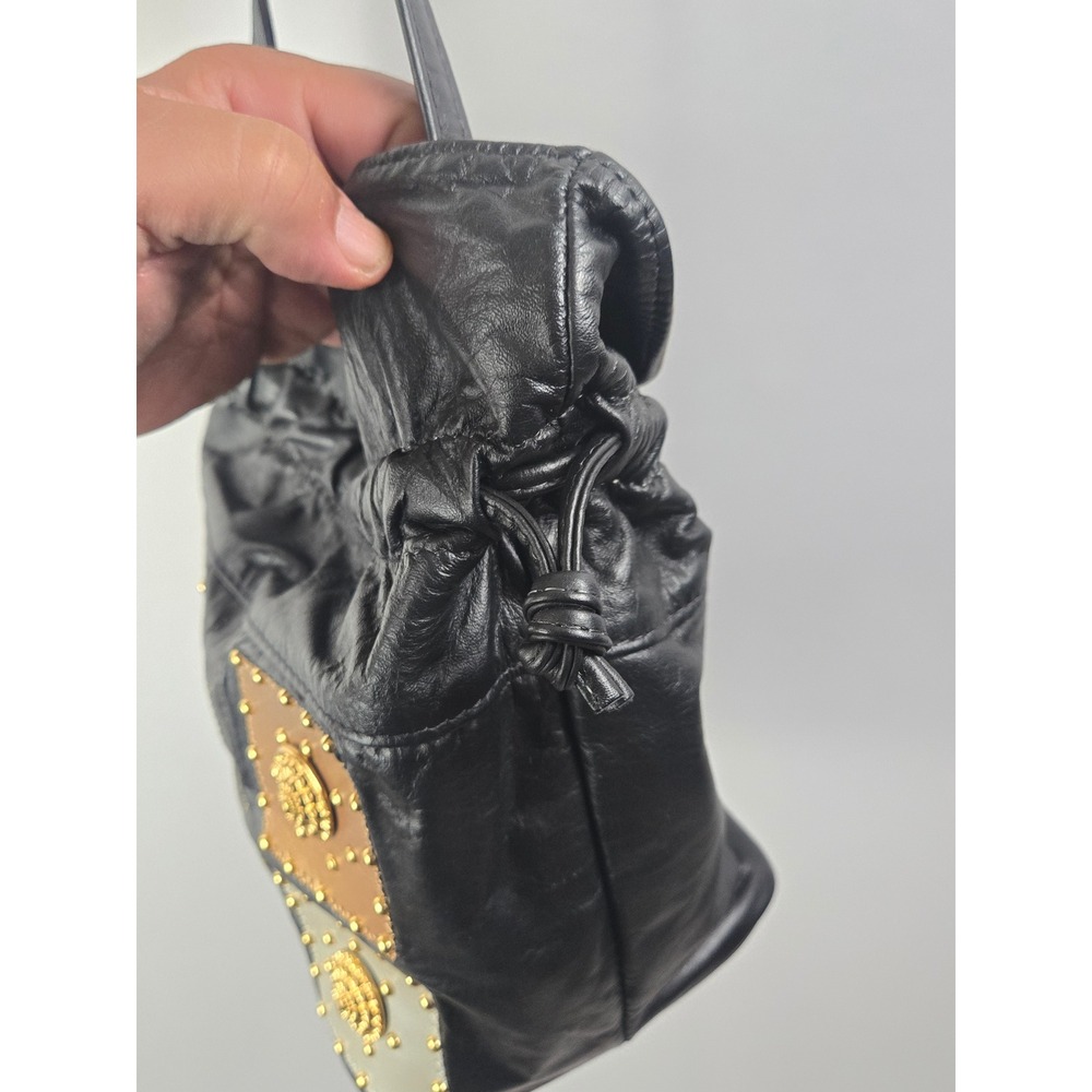 Vintage Black Leather Studded Medallion Bucket Bag Shoulder Purse Mixed Metal - Picture 5 of 9